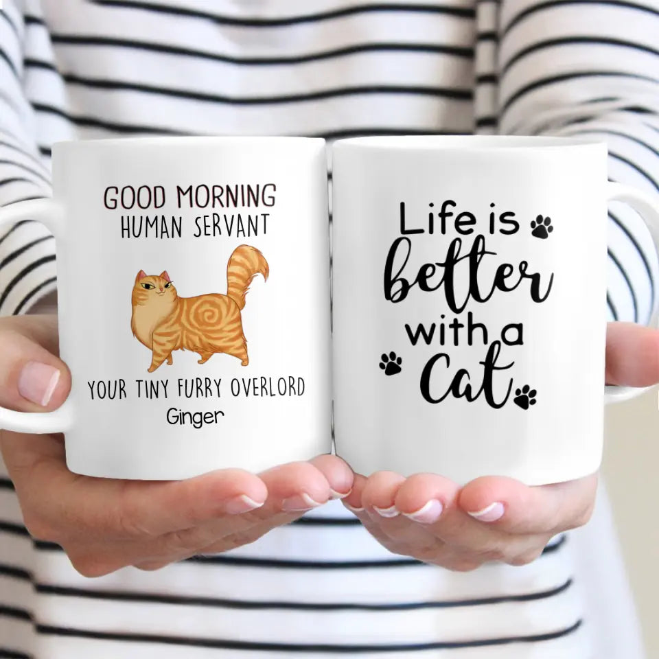 Good Morning Human Servant Cartoon Walking Cat Personalized Coffee Mug