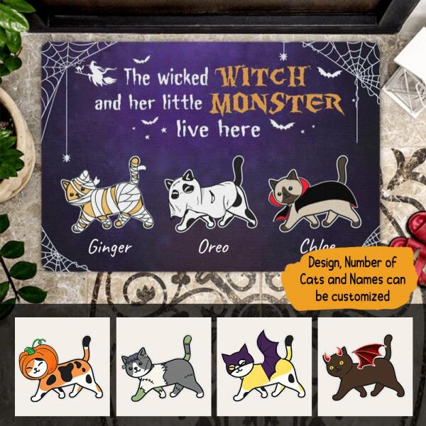 Wicked Witch And Monster Cats Live Here Halloween Personalized Doormat - Cats and Names can be customized