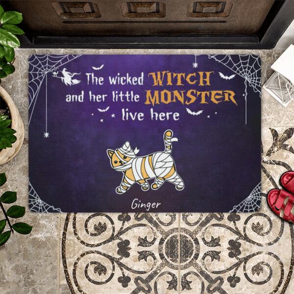 Wicked Witch And Monster Cats Live Here Halloween Personalized Doormat - Cats and Names can be customized