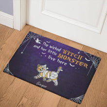 Load image into Gallery viewer, Wicked Witch And Monster Cats Live Here Halloween Personalized Doormat - Cats and Names can be customized
