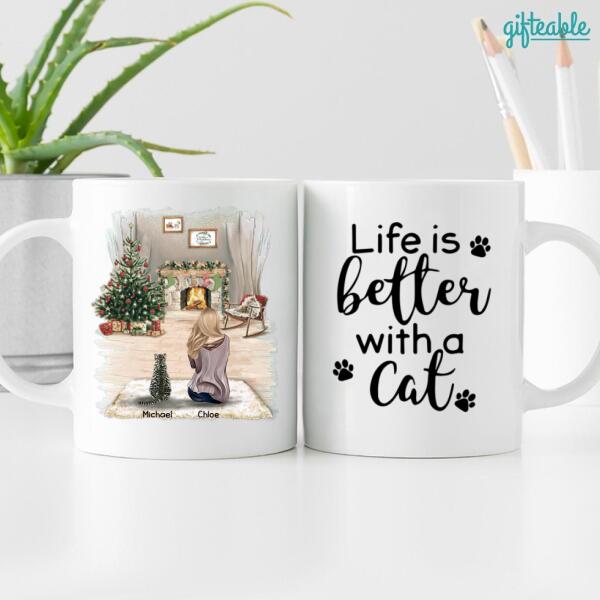 Woman And Cats Personalized Ceramic Mug - Woman, Cats, Names, Background and Quote can be customized