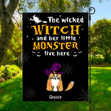 Load image into Gallery viewer, The Wicked Witch And Her Little Cat Monster Live Here Personalized Garden Flag - Cats and Names can be customized
