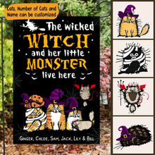 Load image into Gallery viewer, The Wicked Witch And Her Little Cat Monster Live Here Personalized Garden Flag - Cats and Names can be customized
