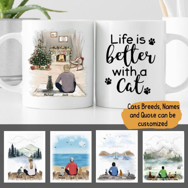 Man And Cats Personalized Ceramic Mug - Man, Cats, Names, Background and Quote can be customized