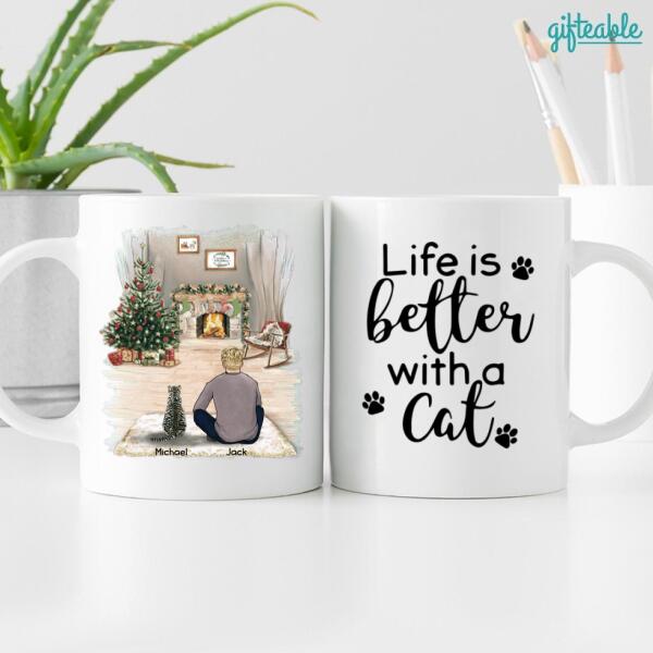 Man And Cats Personalized Ceramic Mug - Man, Cats, Names, Background and Quote can be customized