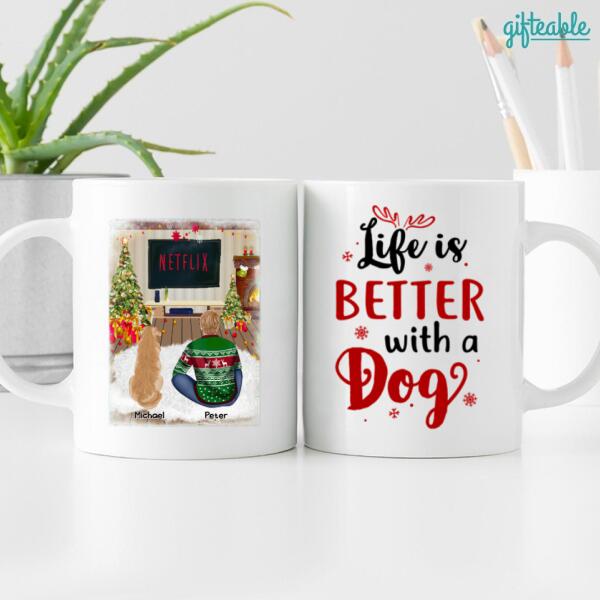 Christmas Man and Dog Personalized Mug - Man, Dogs and Names can be customized