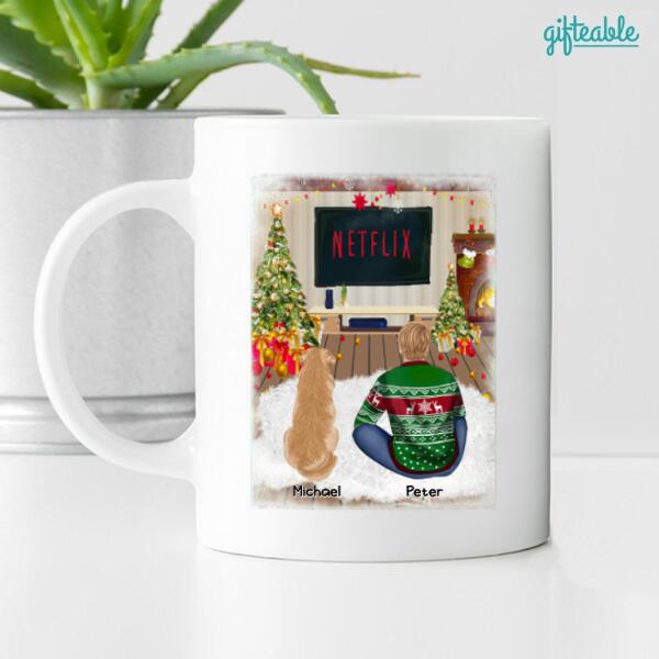 Christmas Man and Dog Personalized Mug - Man, Dogs and Names can be customized