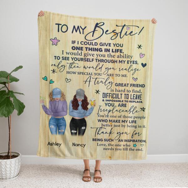 To My Bestie Standing Wood Texture Personalized Fleece Blanket - Girls and Names can be customized