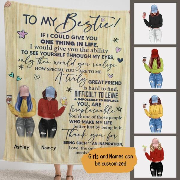 To My Bestie Standing Wood Texture Personalized Fleece Blanket - Girls and Names can be customized