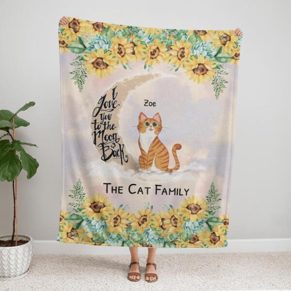 Love Cats To The Moon Sunflower Personalized Flannel Blanket - Cats, Name and Text can be customized
