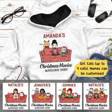 Load image into Gallery viewer, Christmas Movie Watching Girl And Cat Personalized Graphic Apparel - Girl, Cats and Names can be customized
