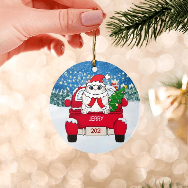 Cat Christmas Red Truck Personalized Ceramic Ornament - Cats, background, names can be customized