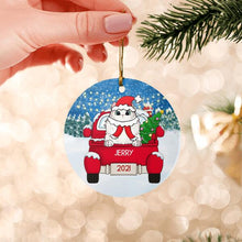 Load image into Gallery viewer, Cat Christmas Red Truck Personalized Ceramic Ornament - Cats, background, names can be customized
