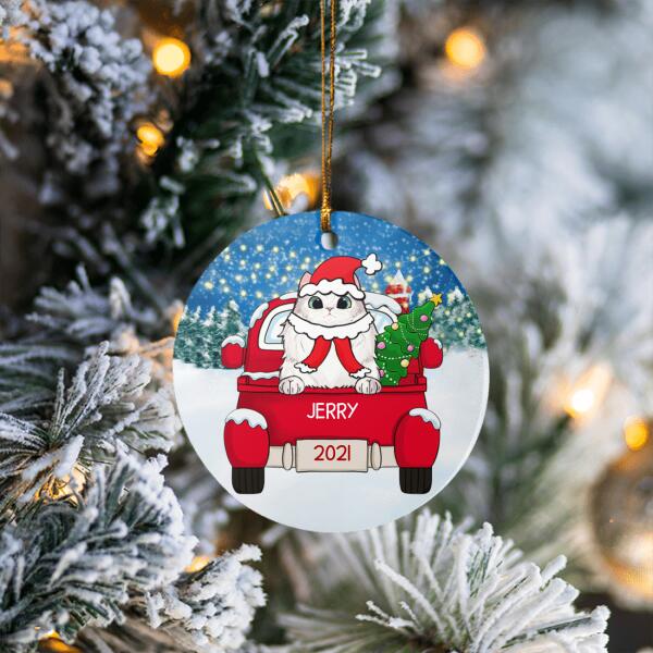Cat Christmas Red Truck Personalized Ceramic Ornament - Cats, background, names can be customized