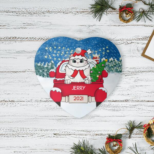 Cat Christmas Red Truck Personalized Ceramic Ornament - Cats, background, names can be customized