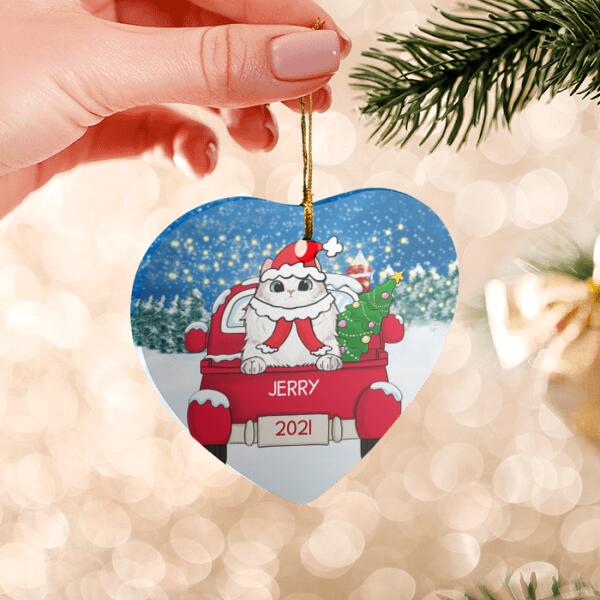 Cat Christmas Red Truck Personalized Ceramic Ornament - Cats, background, names can be customized