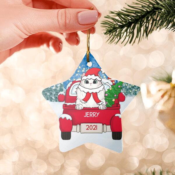 Cat Christmas Red Truck Personalized Ceramic Ornament - Cats, background, names can be customized