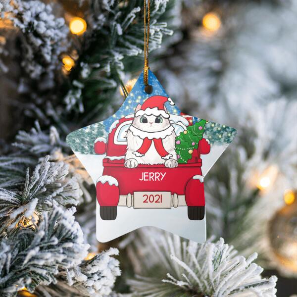 Cat Christmas Red Truck Personalized Ceramic Ornament - Cats, background, names can be customized