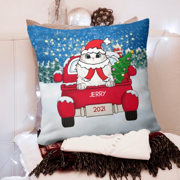Cat Christmas Red Truck Personalized Pillow Cover - Cats and Names can be customized