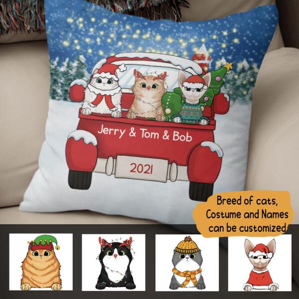 Cat Christmas Red Truck Personalized Pillow Cover - Cats and Names can be customized