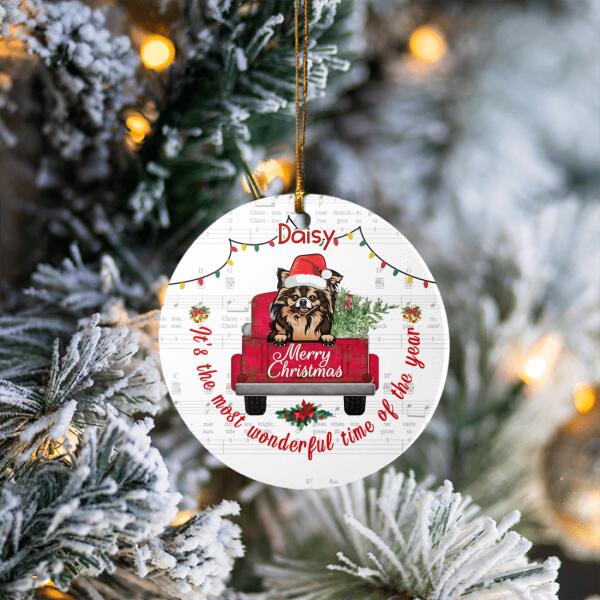 Dog Red Truck Merry Christmas Personalized Ceramic Ornament - Dogs, Names can be customized