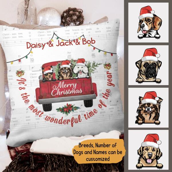 Dog Red Truck Merry Christmas Personalized Pillow Cover