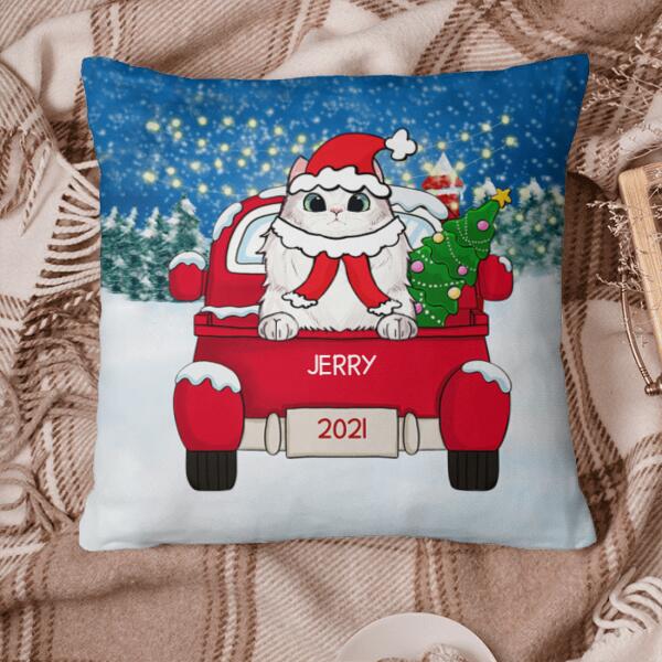 Cat Christmas Red Truck Personalized Pillow Cover - Cats and Names can be customized
