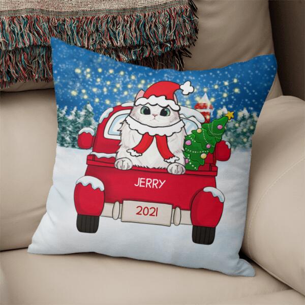 Cat Christmas Red Truck Personalized Pillow Cover - Cats and Names can be customized