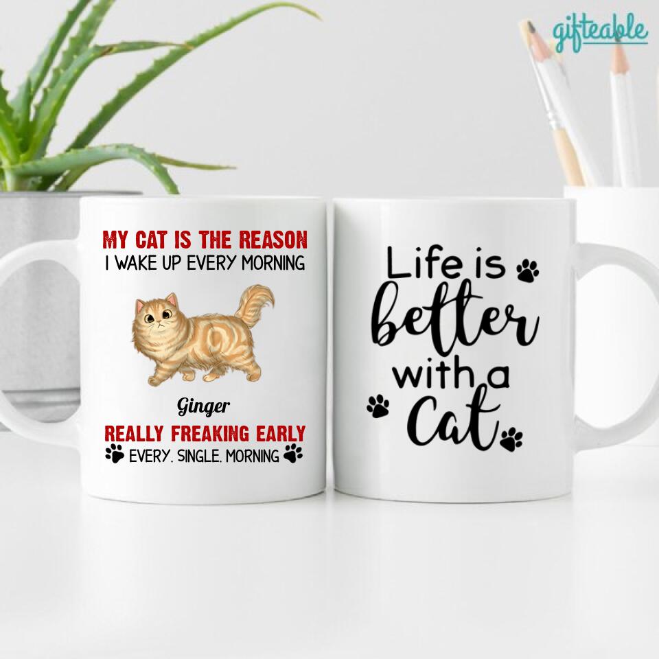 Reason I Wake Up Early Walking Fluffy Cats Personalized Mug
