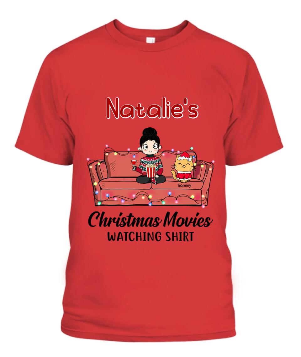 Christmas Movie Watching Girl And Cat Personalized Graphic Apparel - Girl, Cats and Names can be customized