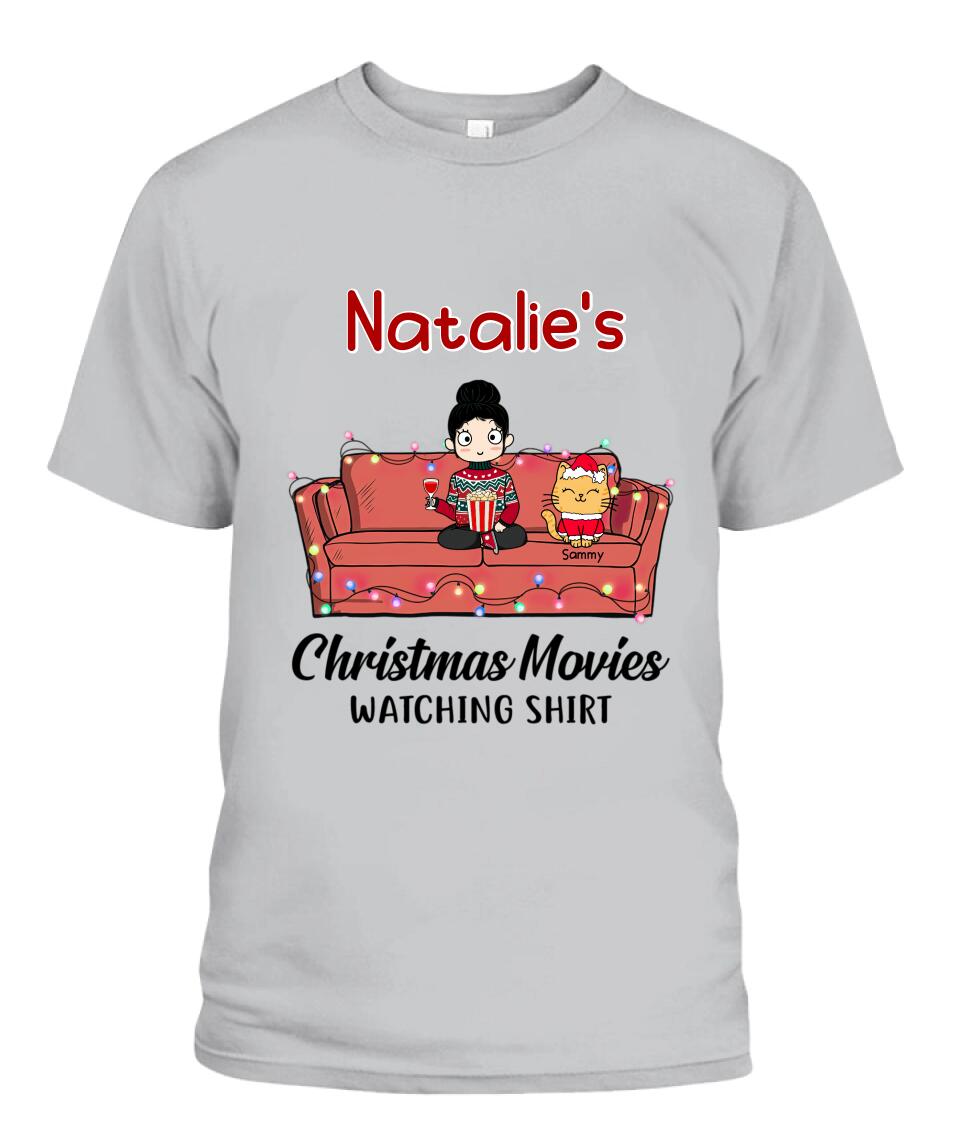 Christmas Movie Watching Girl And Cat Personalized Graphic Apparel - Girl, Cats and Names can be customized