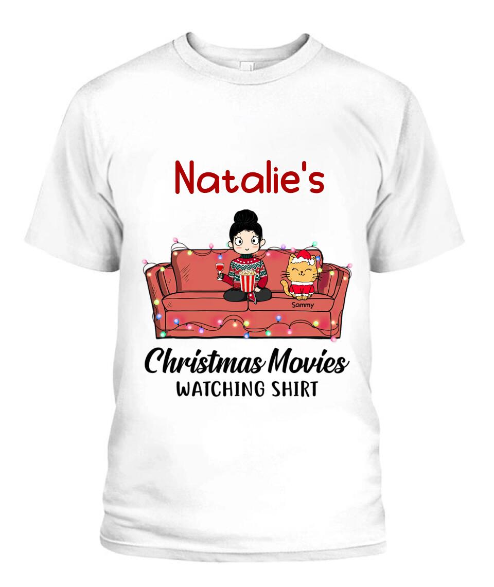 Christmas Movie Watching Girl And Cat Personalized Graphic Apparel - Girl, Cats and Names can be customized