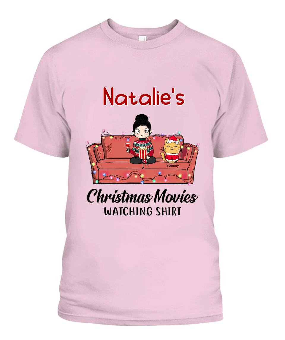 Christmas Movie Watching Girl And Cat Personalized Graphic Apparel - Girl, Cats and Names can be customized