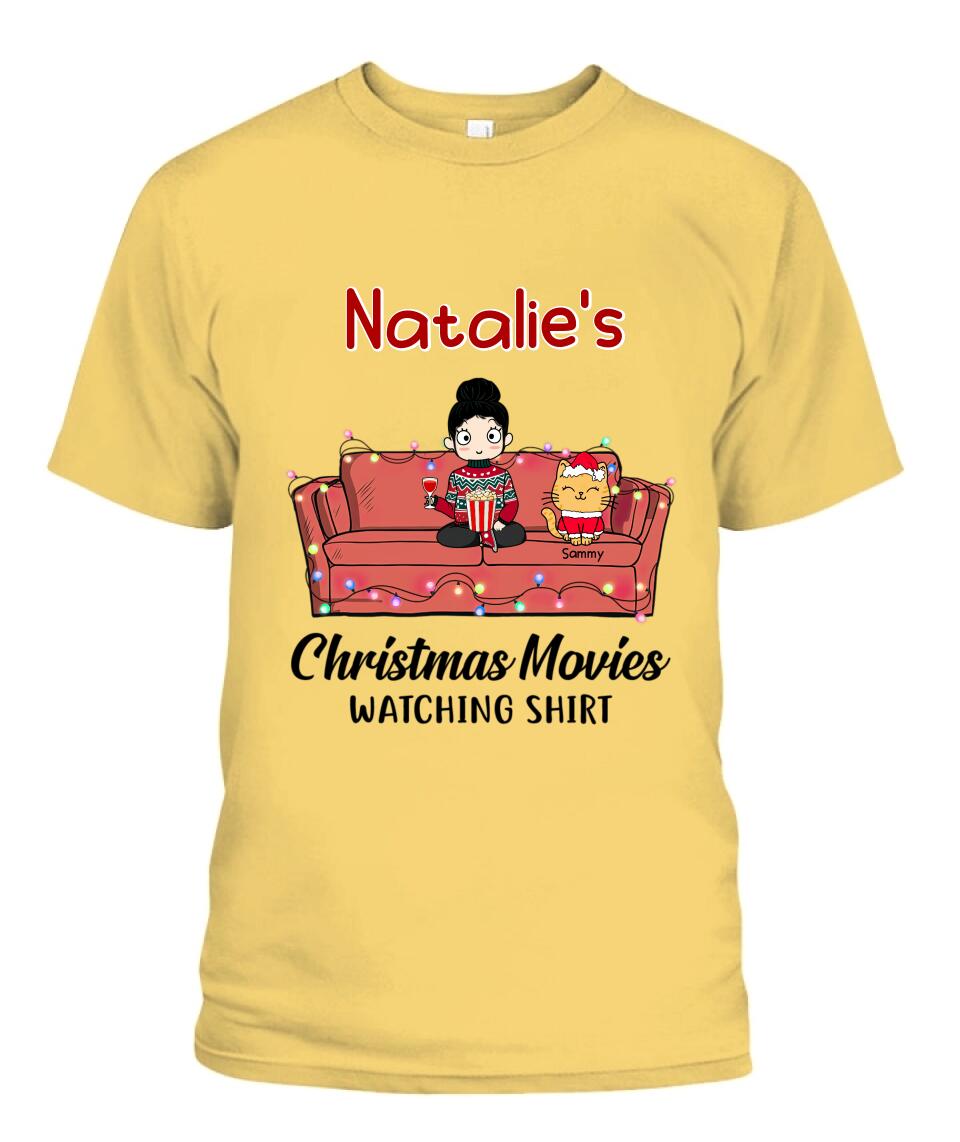 Christmas Movie Watching Girl And Cat Personalized Graphic Apparel - Girl, Cats and Names can be customized