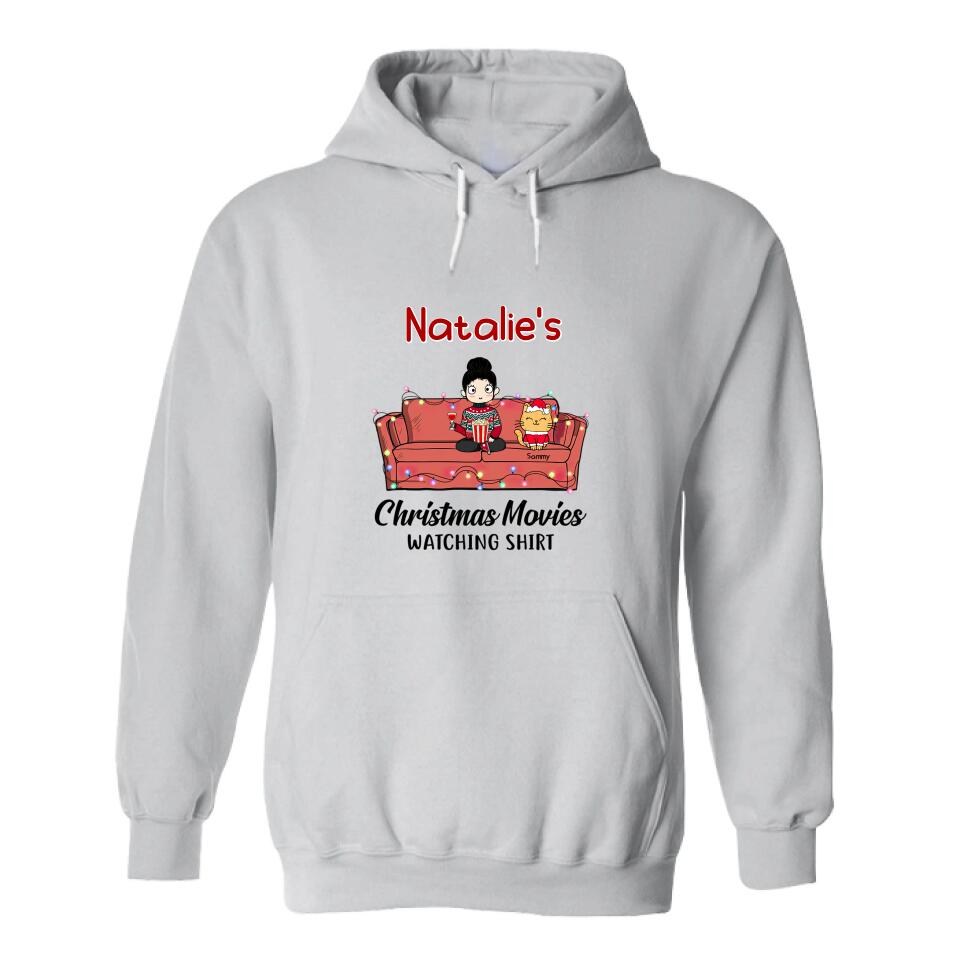 Christmas Movie Watching Girl And Cat Personalized Graphic Apparel - Girl, Cats and Names can be customized