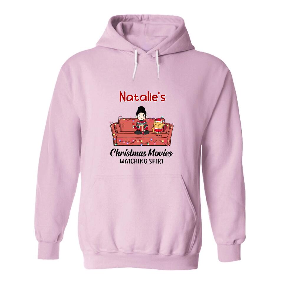 Christmas Movie Watching Girl And Cat Personalized Graphic Apparel - Girl, Cats and Names can be customized