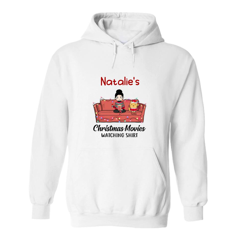 Christmas Movie Watching Girl And Cat Personalized Graphic Apparel - Girl, Cats and Names can be customized