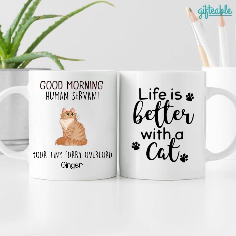 Good Morning Human Servant Sitting Cat Personalized Coffee Mug