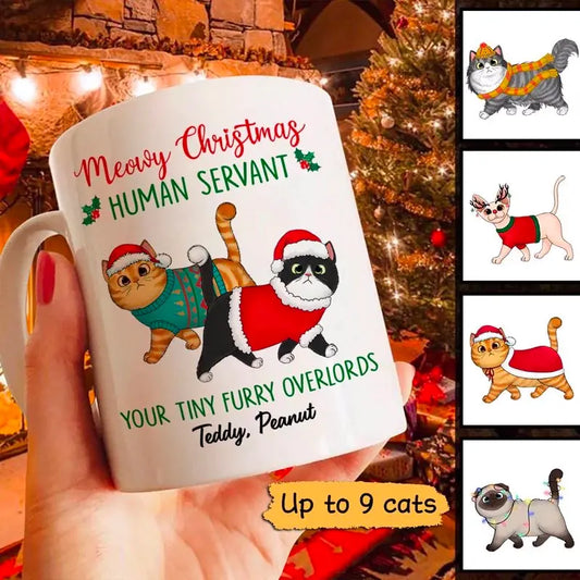 Merry Christmas Human Servant Walking Fluffy Cat Personalized Coffee Mug