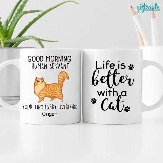 Good Morning Human Servant Cartoon Walking Cat Personalized Coffee Mug