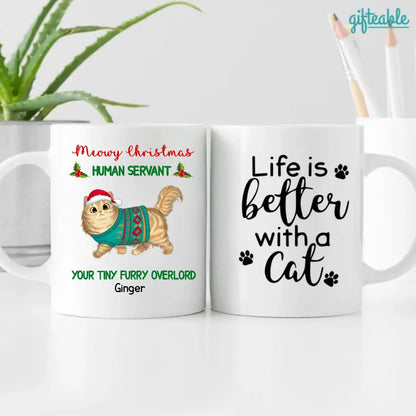 Merry Christmas Human Servant Walking Fluffy Cat Personalized Coffee Mug