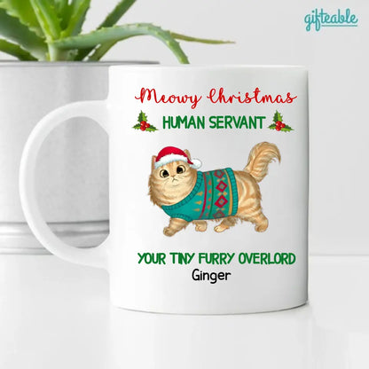 Merry Christmas Human Servant Walking Fluffy Cat Personalized Coffee Mug