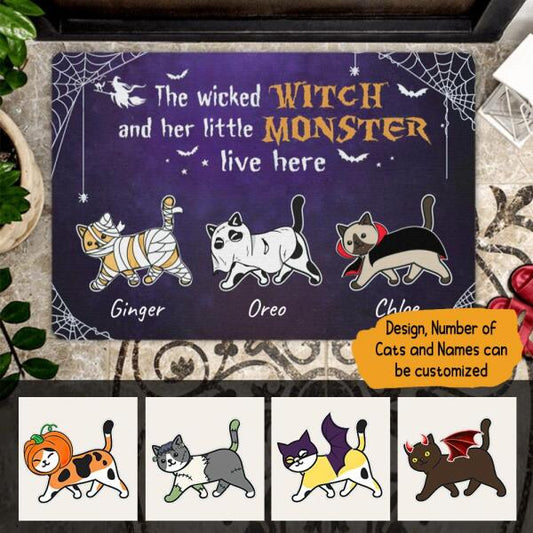 Wicked Witch And Monster Cats Live Here Halloween Personalized Doormat - Cats and Names can be customized