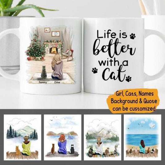 Woman And Cats Personalized Ceramic Mug - Woman, Cats, Names, Background and Quote can be customized