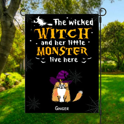 The Wicked Witch And Her Little Cat Monster Live Here Personalized Garden Flag - Cats and Names can be customized