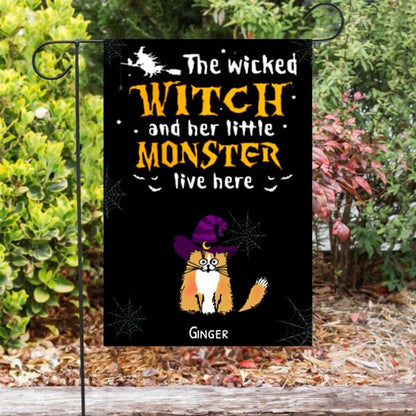 The Wicked Witch And Her Little Cat Monster Live Here Personalized Garden Flag - Cats and Names can be customized