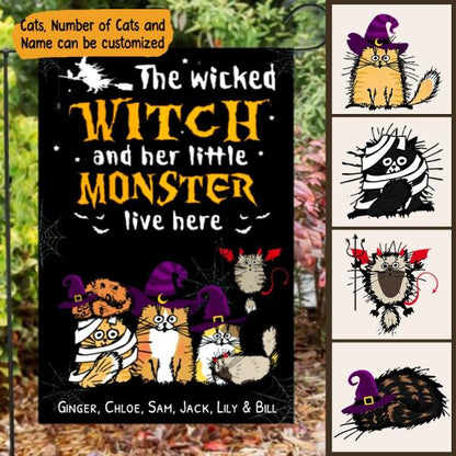 The Wicked Witch And Her Little Cat Monster Live Here Personalized Garden Flag - Cats and Names can be customized