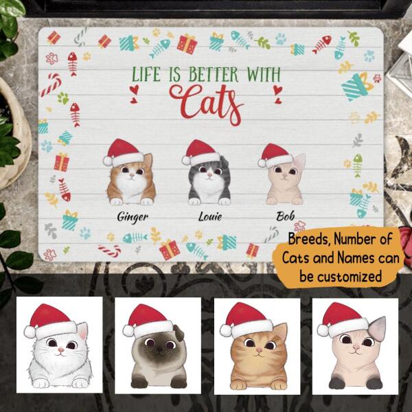 Christmas Life Is Better With Cat Personalized Doormat - Cats and Names can be customized