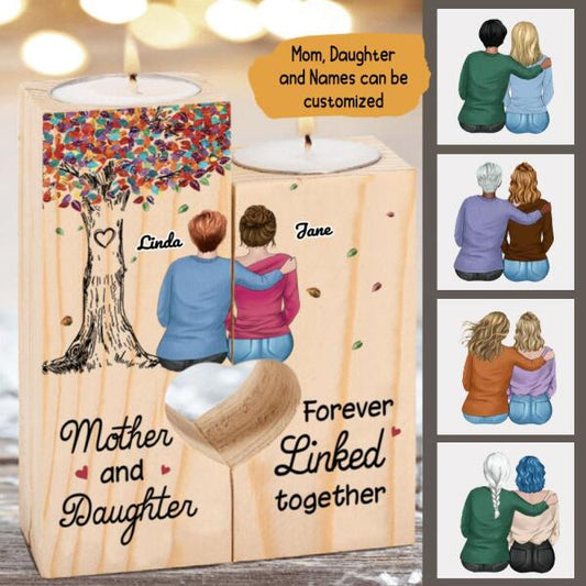 Mother And Daughter Colorful Tree Personalized Candle Holder With Heart - Mom, Daughter and Names can be customized