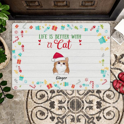 Christmas Life Is Better With Cat Personalized Doormat - Cats and Names can be customized